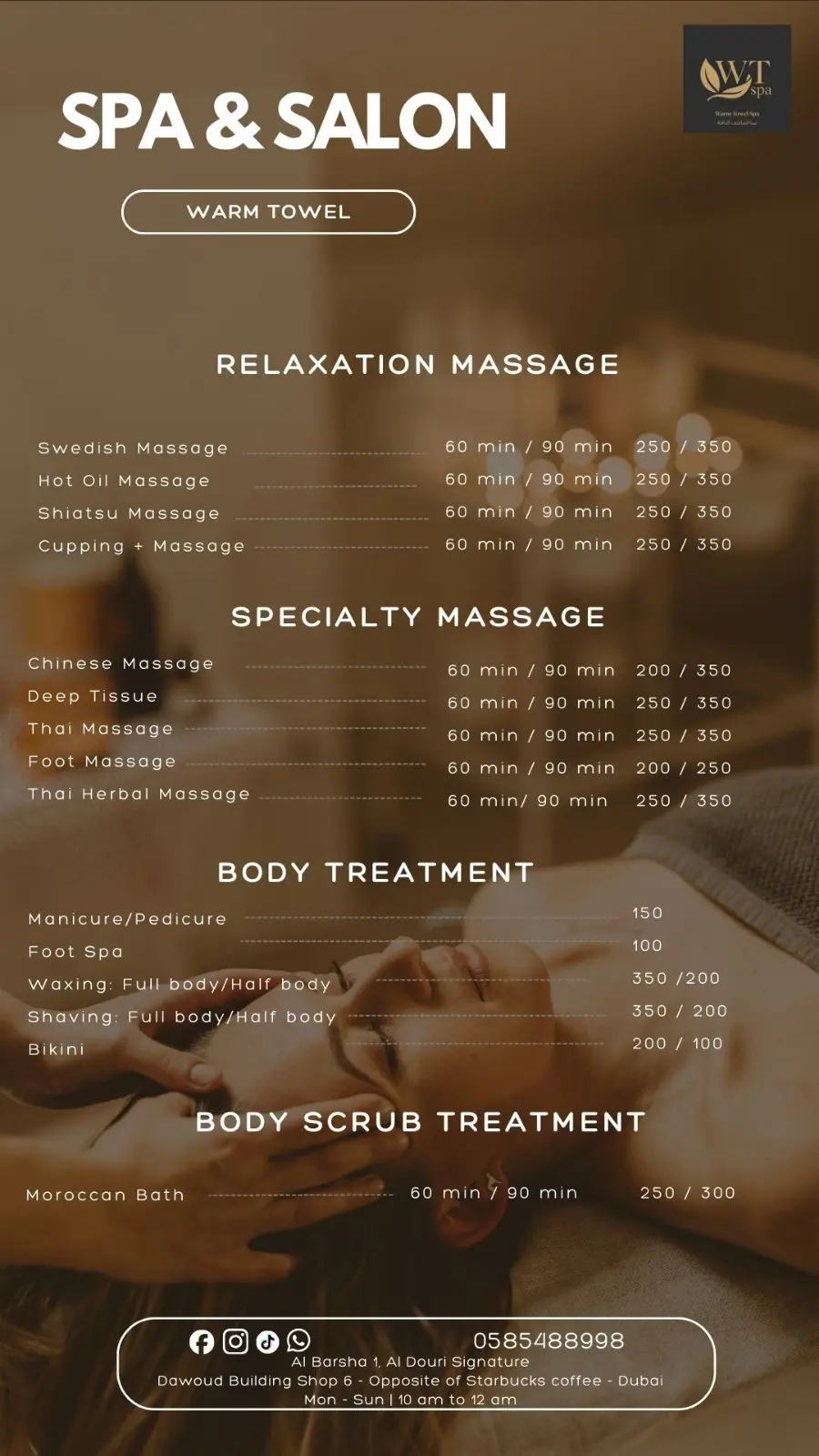 Warm Towel Spa services menu in Al Barsha Dubai including deep tissue massage Thai massage Moroccan bath and body treatments